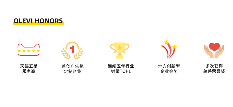 天貓五星服務商；首創廣告毯定制企業；連續五年行業銷量TOP1；地方創新型企業金獎；多次獲得慈善榮譽獎。